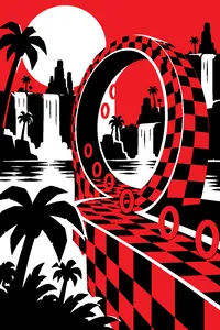A checkered dirt loop-the-loop over palm trees and waterfalls, golden rings floating along the track.