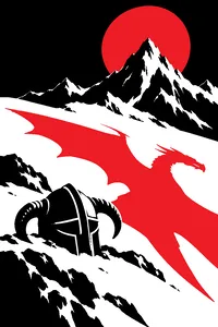 A horned iron helmet on a snowy mountain ridge, a dragon's wing shadow sweeping across the snow.