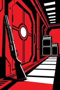 A shotgun leaning against a metal door in a red-lit sci-fi corridor, a stack of guitar amplifiers in the background.