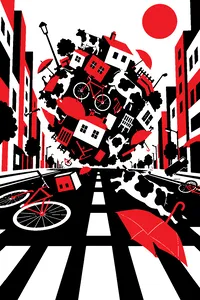 A huge sticky ball rolling down a city street covered in cows, umbrellas, bicycles and houses.