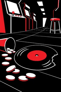 A 45 rpm record with a bite taken out of it, lying on a dark arcade floor beside spilled quarters.