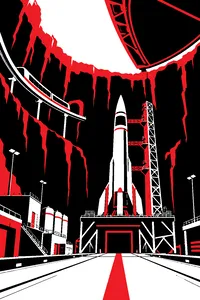 Inside a hollow volcano: a steel launch pad, a monorail track along the rock wall and a crater roof sliding open to the sky.