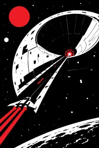 A gray moon-sized space station with a giant dish crater, a tiny exhaust port glowing in a long trench.