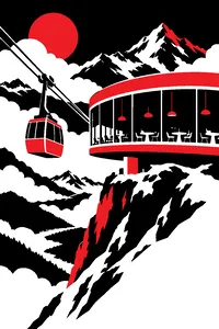 A round glass revolving restaurant on a snowy Alpine summit, a cable car approaching through clouds.