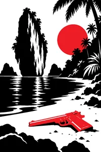 A narrow limestone spire rising from green water beside a jungle island, a golden pistol on the beach.