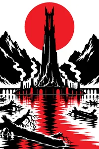 A jagged black stone tower rising from a flooded ring of forges, uprooted trees floating in the water.