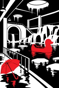 An abandoned zoo arctic exhibit in a sewer, icy pools, an umbrella and a giant rubber duck boat.