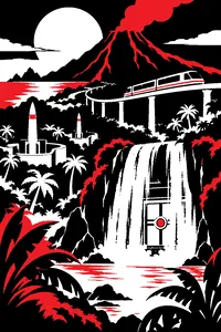 A tropical volcano island with a monorail track, a waterfall hiding a steel door and rocket silos in the jungle.