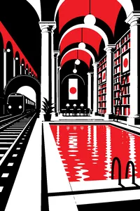 A marble-columned underground hall with a swimming pool and bookshelves, old railway tracks running past one wall.