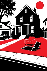 A tall black house with a dead brown lawn in a bright suburban street, an armchair sitting over a hidden hatch.