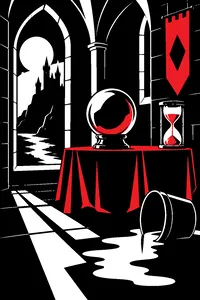 A dark castle tower room with a crystal ball, an hourglass of red sand and a tipped-over bucket of water.