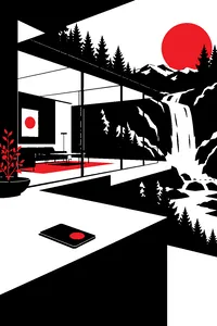 A glass-walled modernist house set into a Norwegian forest beside a waterfall, a keycard on a concrete counter.