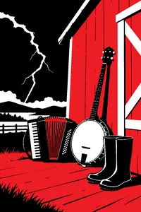 A banjo, an accordion and a pair of rubber boots leaning against a red wooden barn under a stormy sky with a single lightning bolt.