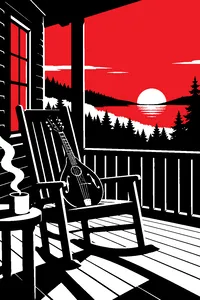 A mandolin resting on a porch rocking chair at dusk, the sky fading from orange to black over dark pines.