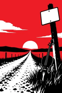 A dirt country road vanishing toward a glowing red horizon, a fiddle propped against a crooked mile-marker sign.