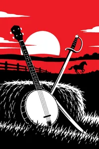 A banjo and a cavalry saber crossed on a hay bale, with a horse silhouette galloping across a distant field.
