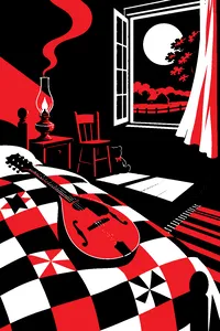 A mandolin on a patchwork quilt beside a flickering oil lamp, a child's bedroom window open to a full moon.