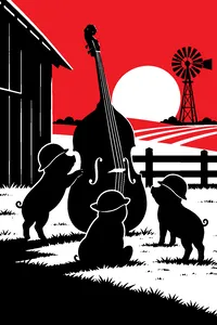 Three piglets in toy army helmets standing in a muddy farmyard beside an upright bass.