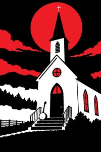 A small white country church at night, its steeple silhouetted against a blood-red moon, a banjo leaning on the steps.