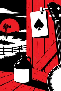 A single ace of spades playing card pinned to a barn door by a banjo tuning peg, a whiskey jug below.