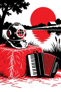 An old diving helmet sitting on a hay bale next to an accordion, a farm pond glinting behind it.