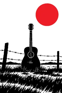 A lone acoustic guitar standing in an empty field of barbed wire under a grey sky.
