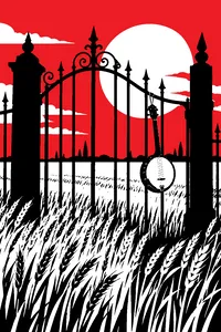 A rusted wrought-iron cemetery gate standing alone in a wheat field, a banjo hanging from one bar.