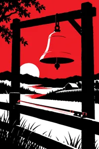 A large bronze bell hanging from a wooden farm gate frame, a fiddle bow resting across a fence rail beneath it.