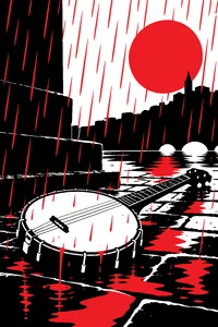 A banjo lying on a stone floor under a downpour of dark red rain.