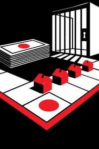A row of tiny red hotels on a game board corner, a stack of paper money and a jail cell in the background.
