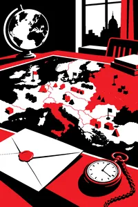 A map of early 20th-century Europe covered in wooden army blocks, a sealed envelope and a pocket watch beside it.