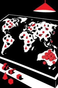 A world map covered in tiny plastic cannons and soldiers, with a pile of dice heaped on Australia.