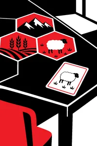 Hexagonal tiles of wheat, sheep pasture and mountains, a single sheep card left lying alone at the table's edge.