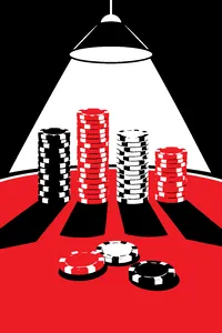 Four colors of poker chips stacked in tense columns on a green felt table under a single lamp.