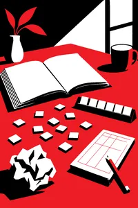 Wooden letter tiles scattered beside an open dictionary and a tile rack, a pencil scorepad crumpled nearby.