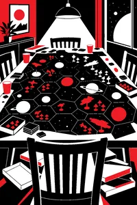 A huge sprawling hex map of planets and plastic spaceships covering a dining table, empty pizza boxes underneath.