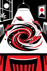 A swirling cosmic vortex in the middle of a table, colorful plastic flying saucers circling it.