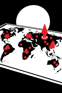 A world map with red disease cubes piled on cities and a pointing hand-shaped game marker on top.