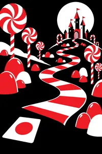 A winding candy-striped game path through gumdrop hills and peppermint trees, a single card face up at the start.