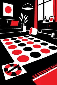 A spotted mat of colored circles on a living room floor with a spinner board and a knocked-over lamp.