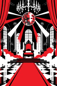 A candlelit Russian palace ballroom with a mirror ball hanging from the chandelier and a fur hat on a throne.