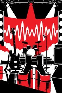 A 1976 German TV studio stage with platform boots and a bassline drawn in neon across the backdrop.