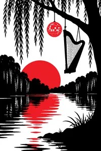 A calm river at dusk lined with willow trees, a harp hanging from a branch beside a glowing disco light.