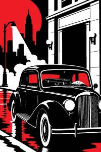 A 1930s getaway car parked outside a bank with a tommy-gun case and a pie on the dashboard.