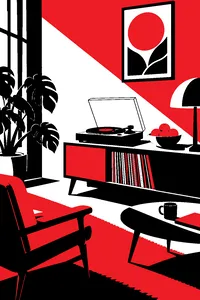 A sunbeam falling across a 1970s living room onto a record player and a bowl of oranges.