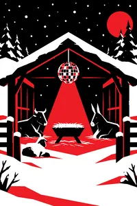 A snowy nativity scene lit by a spinning mirror ball instead of a star.
