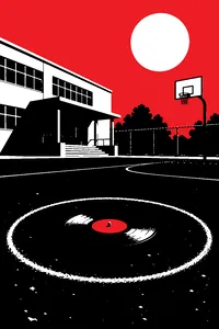 A circle of chalk on a sunny schoolyard with a spinning 7-inch record at its center.