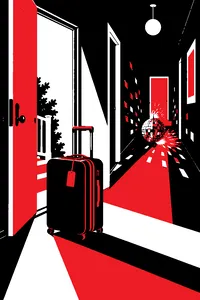 A packed suitcase by an open front door with a disco ball rolling down the hallway.
