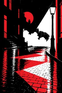 A rain-slicked brick street at night under a single streetlamp with a dance-floor light pattern on the cobbles.