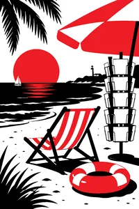 A sun-bleached beach with a deck chair, an inflatable ring and a postcard rack.